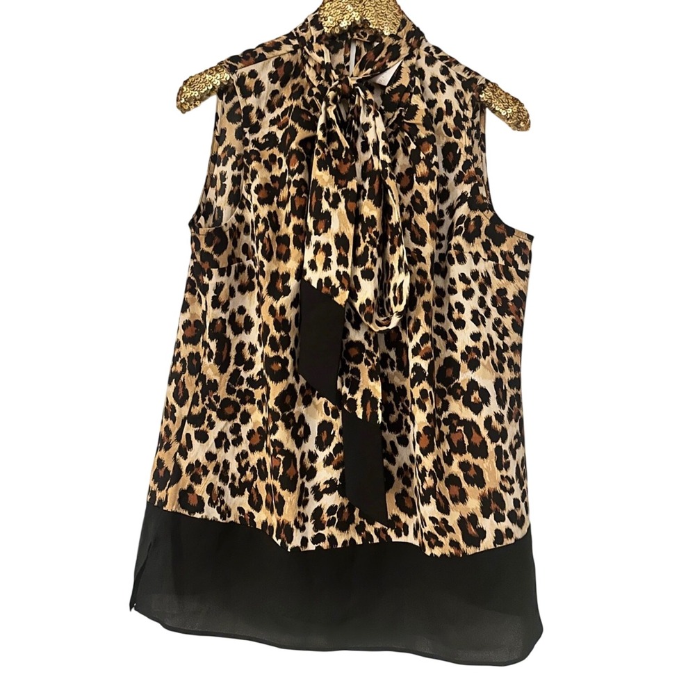 New York & Company Leopard Print Tie Neck Sleeveless Blouse L Animal Tan‎ Black